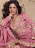 Vegaa Fashion Pink Simar Silk Embroidered Party Wear Palazzo Suit - Distacart