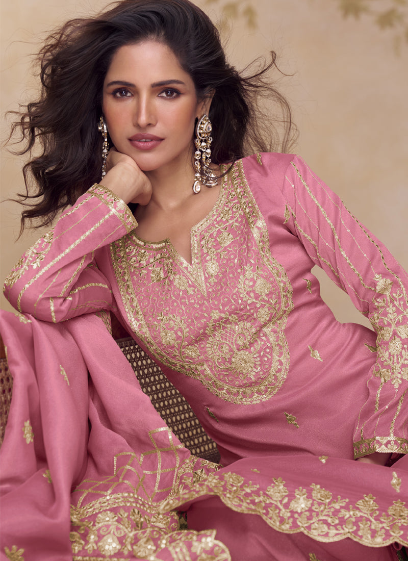 Vegaa Fashion Pink Simar Silk Embroidered Party Wear Palazzo Suit - Distacart
