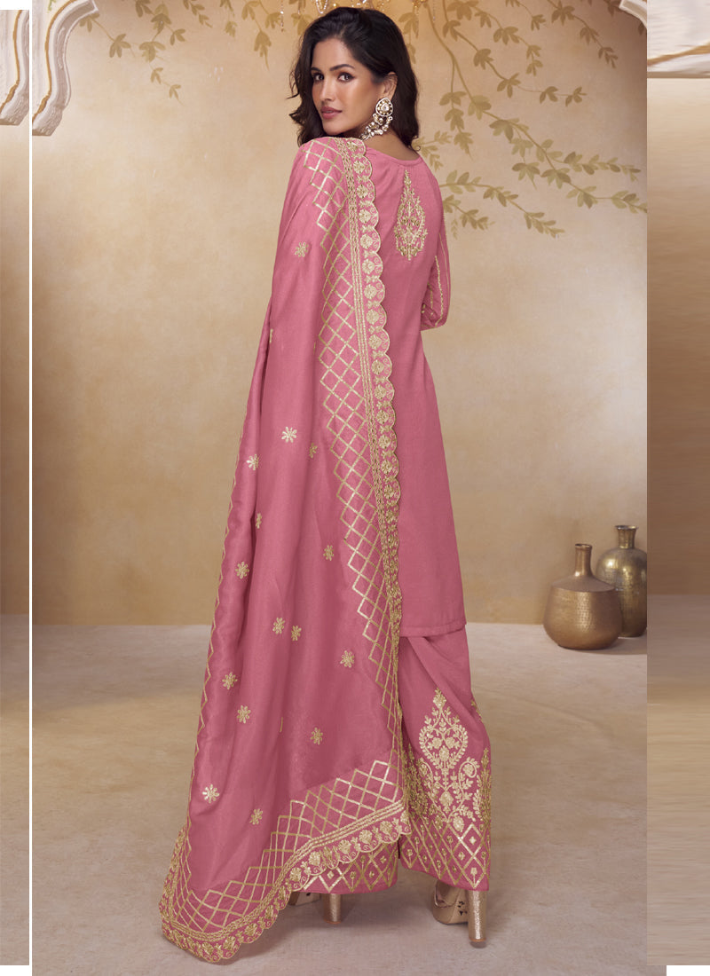 Vegaa Fashion Pink Simar Silk Embroidered Party Wear Palazzo Suit - Distacart