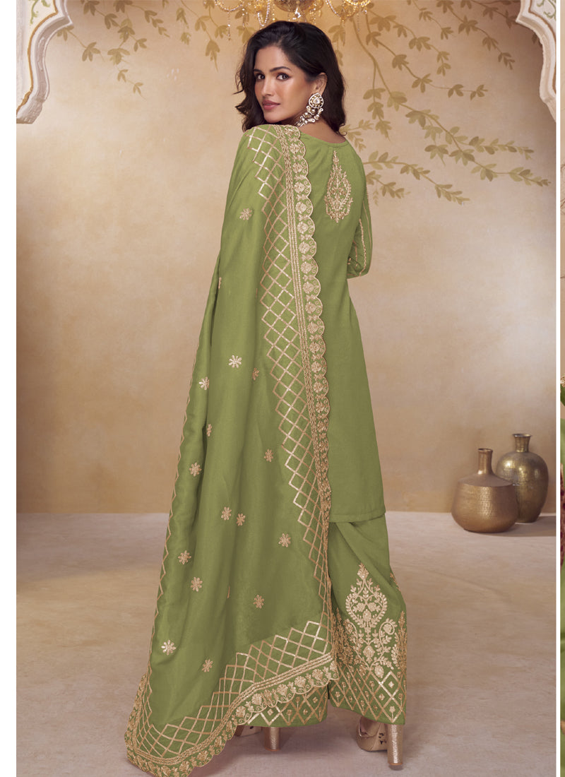 Vegaa Fashion Green Simar Silk Embroidered Party Wear Palazzo Suit - Distacart