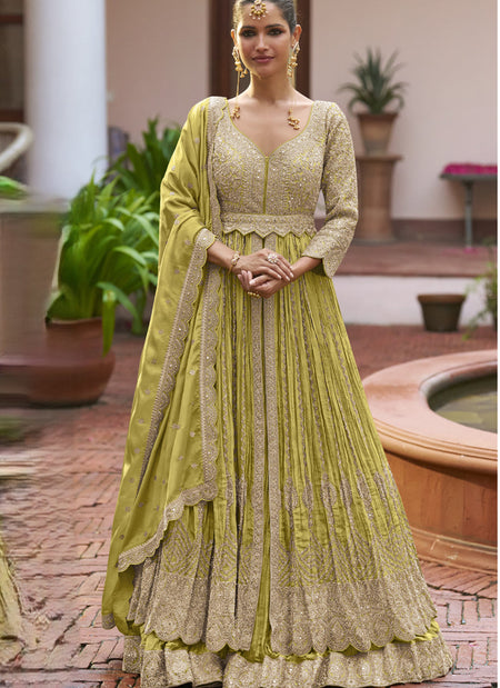 Vegaa Fashion Parrot Green Chinon Silk Embroidered & Hand Work Lehenga Style Suit