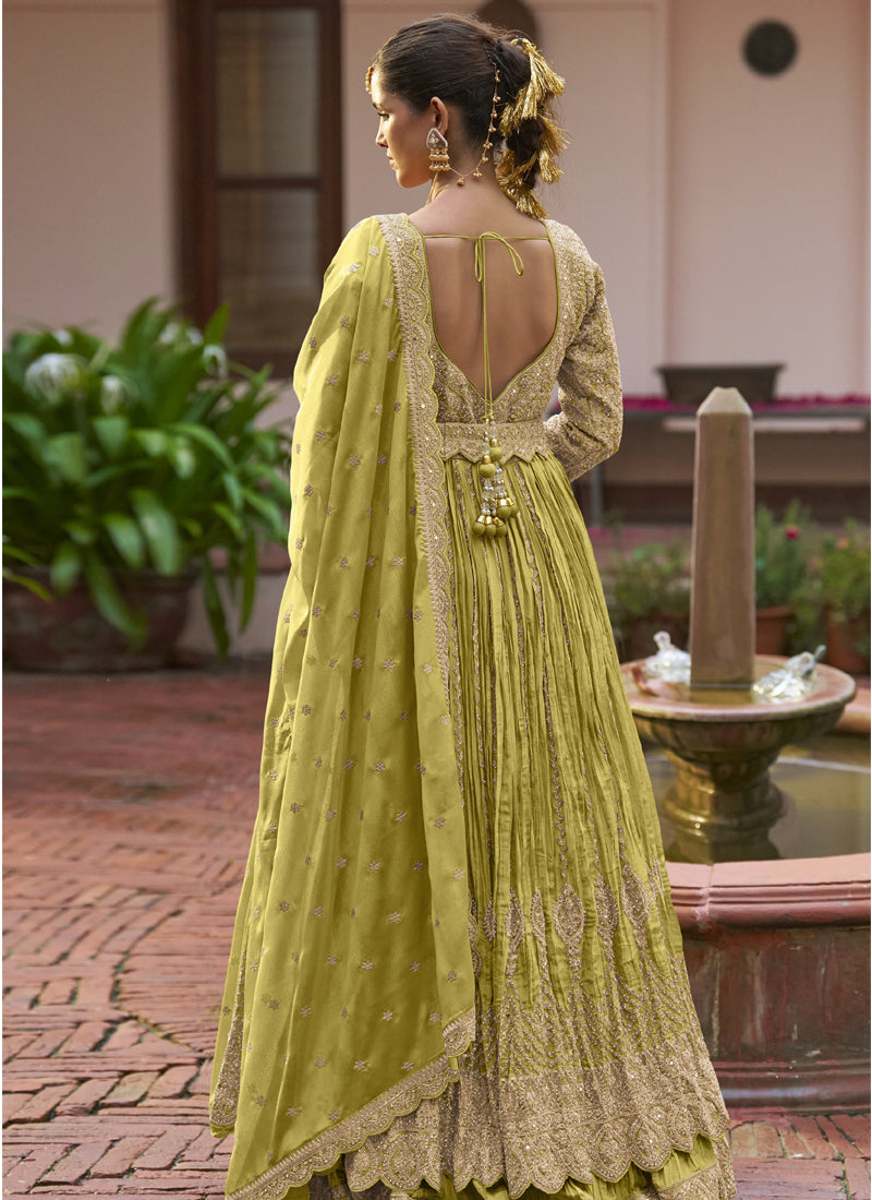 Vegaa Fashion Parrot Green Chinon Silk Embroidered & Hand Work Lehenga Style Suit