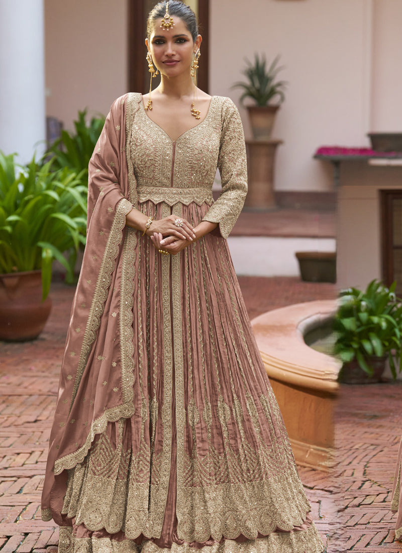 Vegaa Fashion Peach Chinon Silk Embroidered & Hand Work Lehenga Style Suit