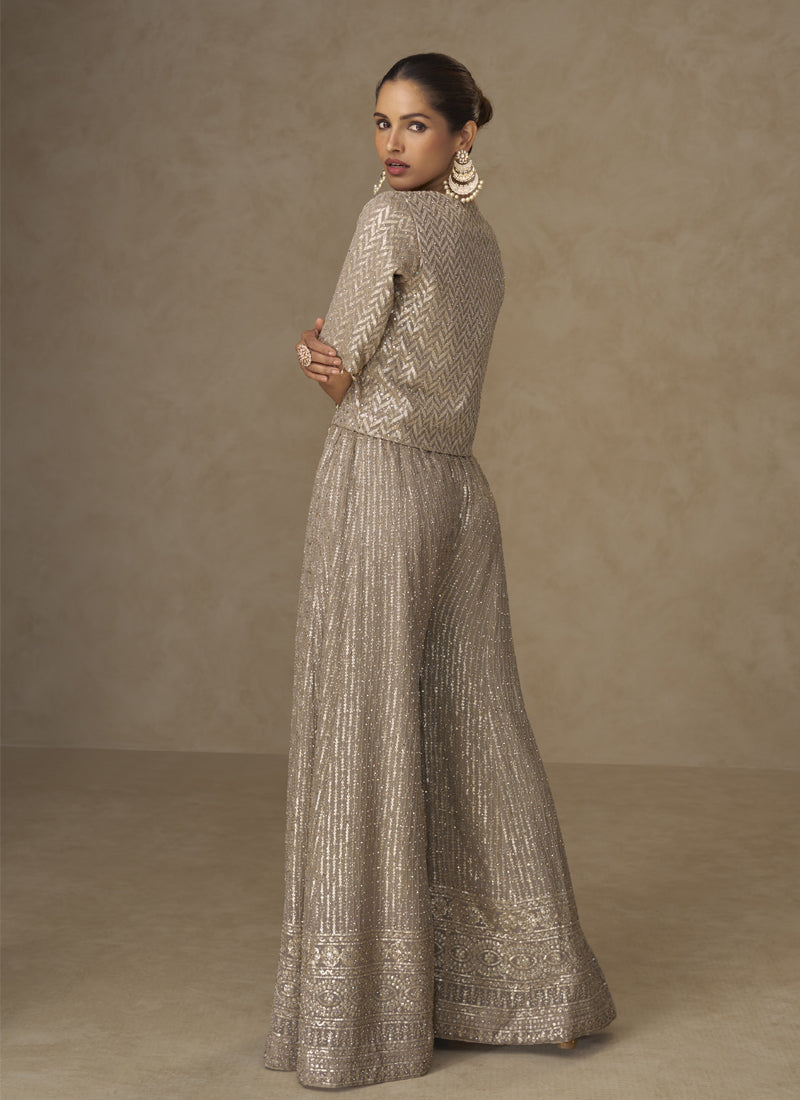 Vegaa Fashion Beige Georgette Embroidered & Hand Work Jacket Style Co-Ord Set - Distacart