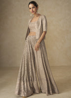 Vegaa Fashion Beige Georgette Embroidered & Hand Work Jacket Style Co-Ord Set - Distacart