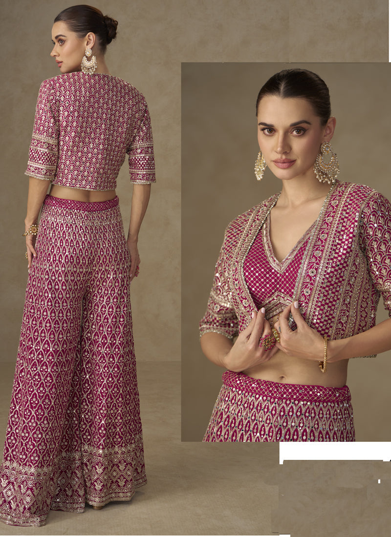 Vegaa Fashion Pink Georgette Embroidered & Hand Work Jacket Style Co-Ord Set - Distacart