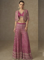 Vegaa Fashion Pink Georgette Embroidered & Hand Work Jacket Style Co-Ord Set - Distacart