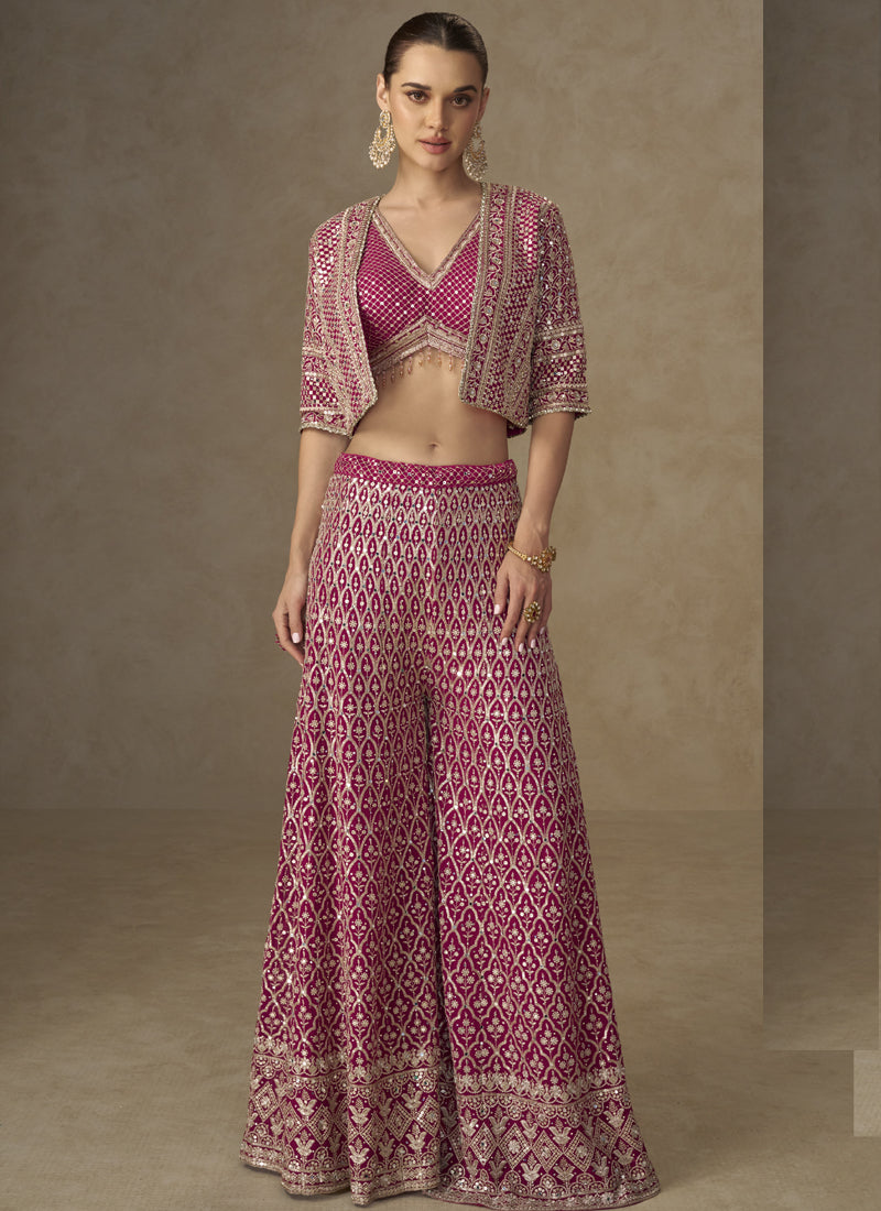 Vegaa Fashion Pink Georgette Embroidered & Hand Work Jacket Style Co-Ord Set - Distacart