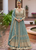 Vegaa Fashion Sky Blue Chinon Silk Embroidered & Hand Work Lehenga Style Suit