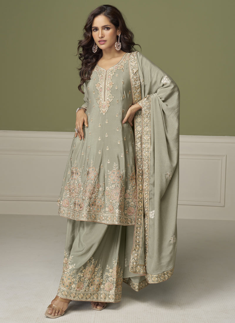 Vegaa Fashion Light Grey Chinon Silk Embroidered Sharara Suit - Distacart