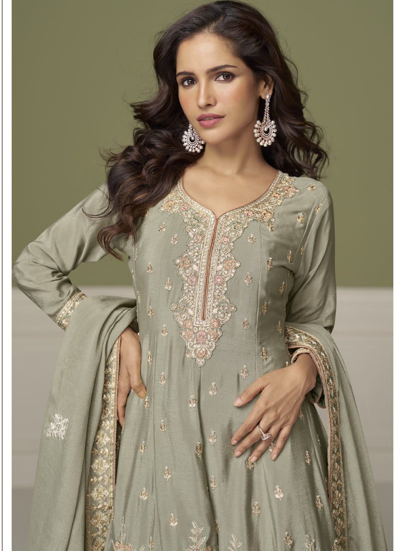 Vegaa Fashion Light Grey Chinon Silk Embroidered Sharara Suit - Distacart