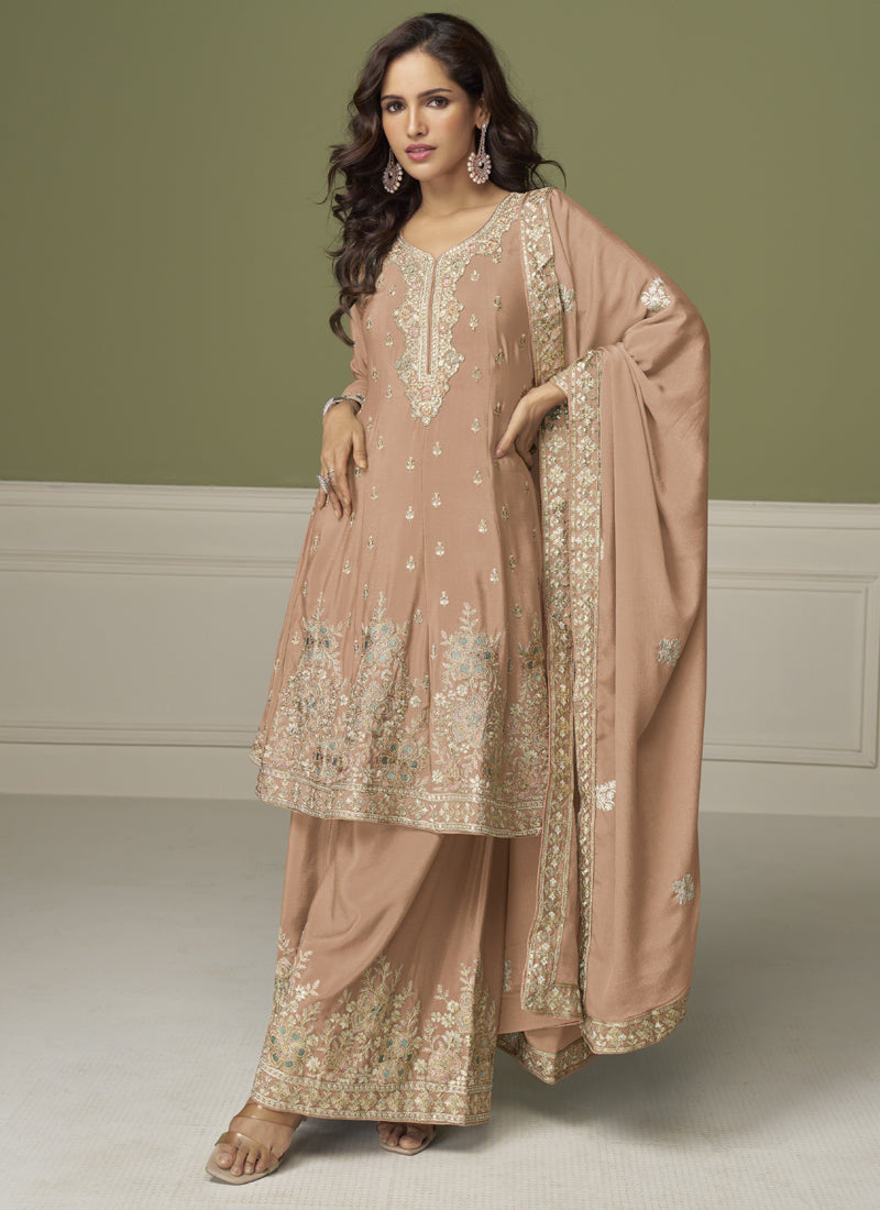 Vegaa Fashion Light Peach Chinon Silk Embroidered Sharara Suit - Distacart