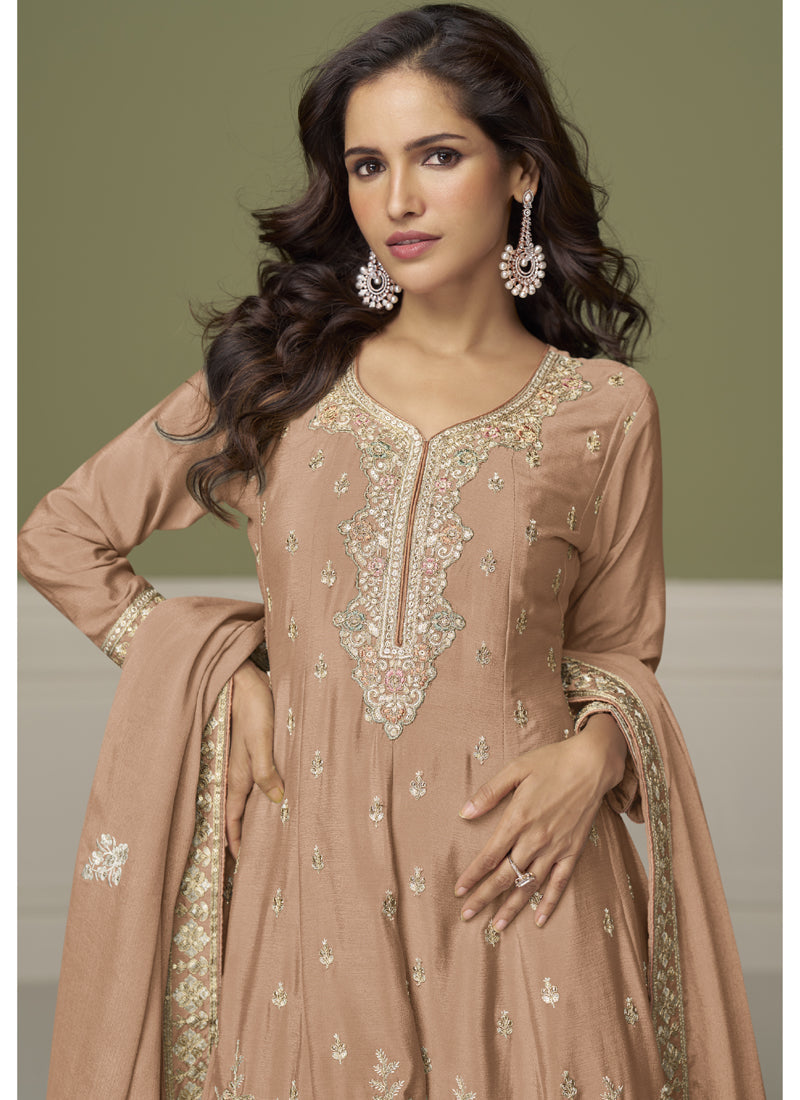 Vegaa Fashion Light Peach Chinon Silk Embroidered Sharara Suit - Distacart