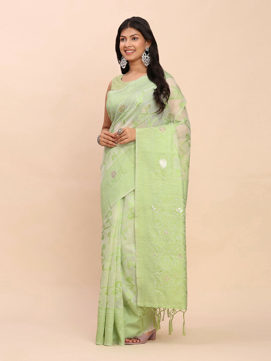 Shree Shyam Fashion Linen Cotton Light Green Saree - Distacart