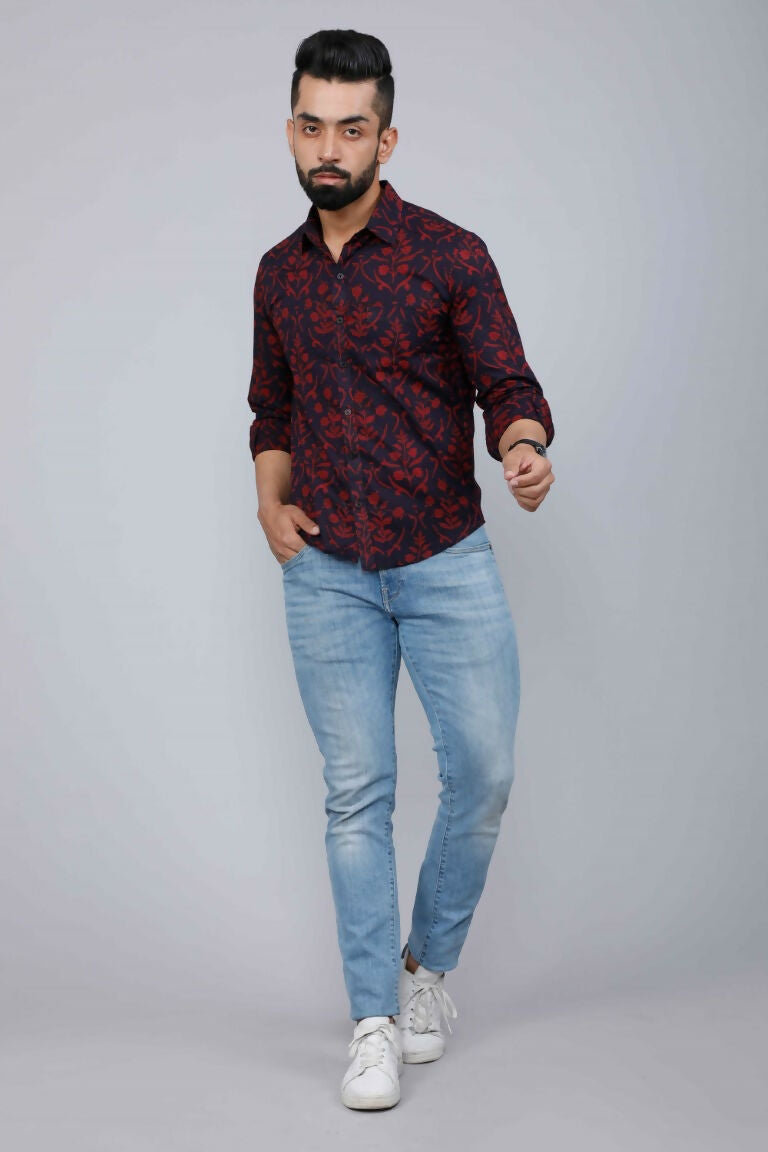 Miravan Men's Maroon Floral Printed Casual Full Sleeves Cotton Shirt