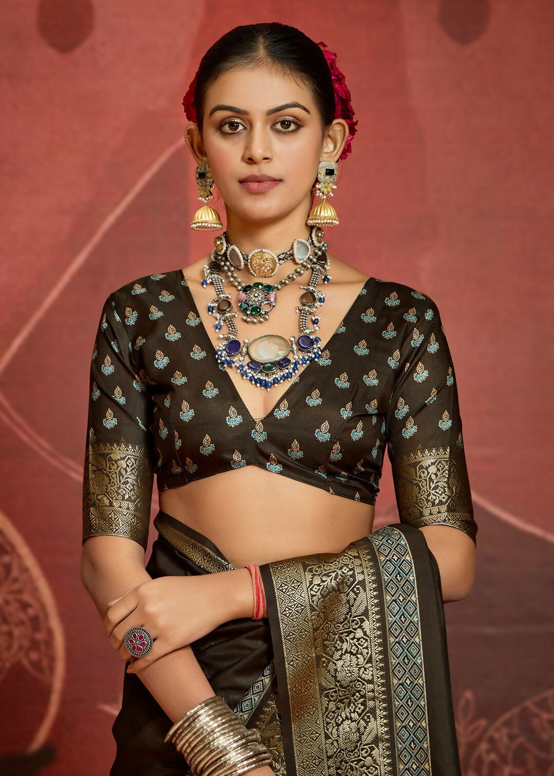 Joban Fashion Brown Art Silk With Fine Viscose Border Ajrak Full Body Print With Soft Finish Saree - Distacart