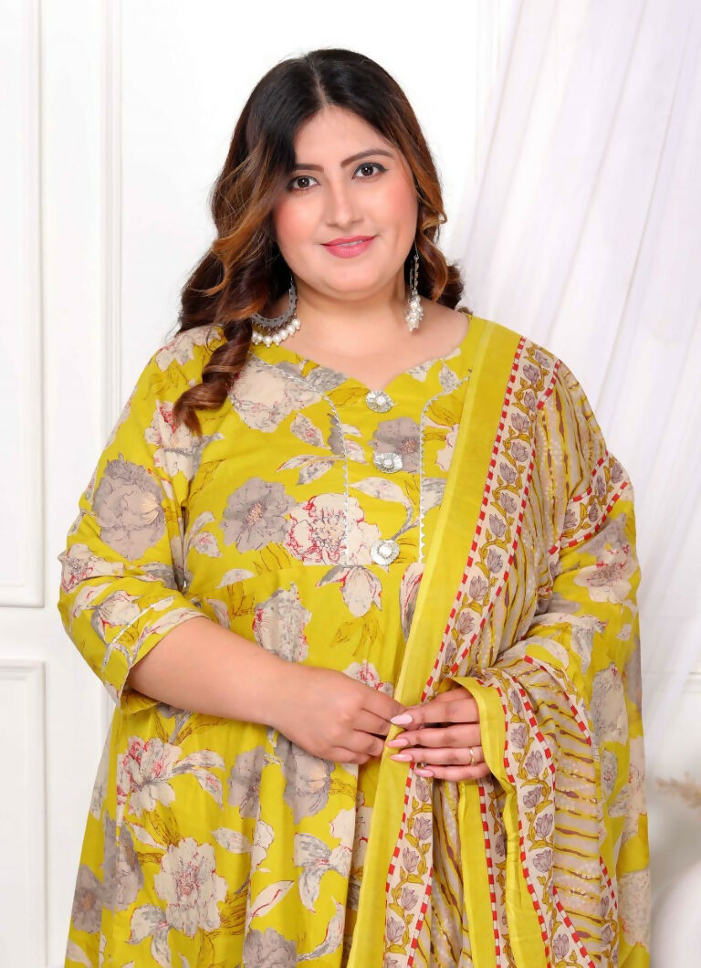 Miravan Women's Plus Size Cotton Gota Patti And Lace Border Details Floral Printed Yellow Anarkali Kurta And Dupatta Set