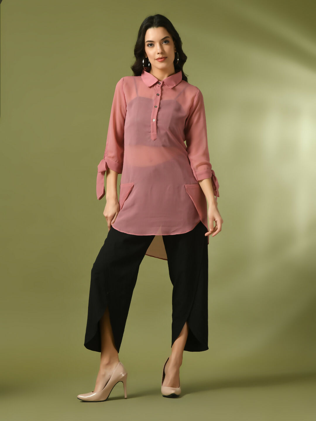 Myshka Women's Pink Solid Georgette Longline Party Sheer Tunic