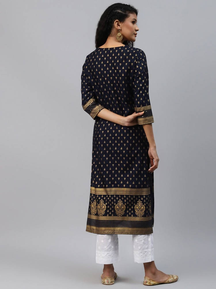 Yufta Women Navy Blue Golden Print Kurta