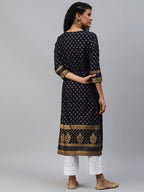 Yufta Women Navy Blue Golden Print Kurta