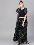 Ahalyaa Black Georgette Crepe Printed Top Palazzo Set With Jacket - Distacart