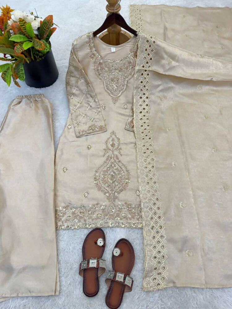 Teeya Creation Cream Color Gimmychu Silk Embroidery Work Wedding Wear Salwar Suit - Distacart