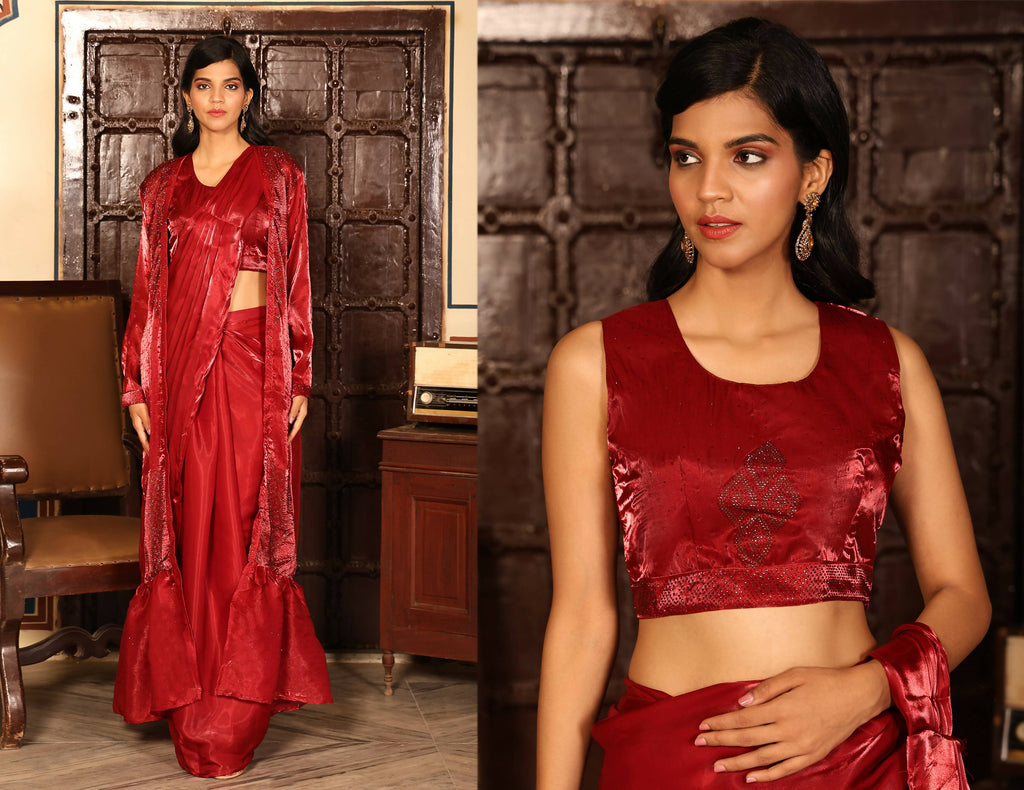 Red Tom Silk Plain Ready To Wear Saree With Stitched Blouse - Satiksha