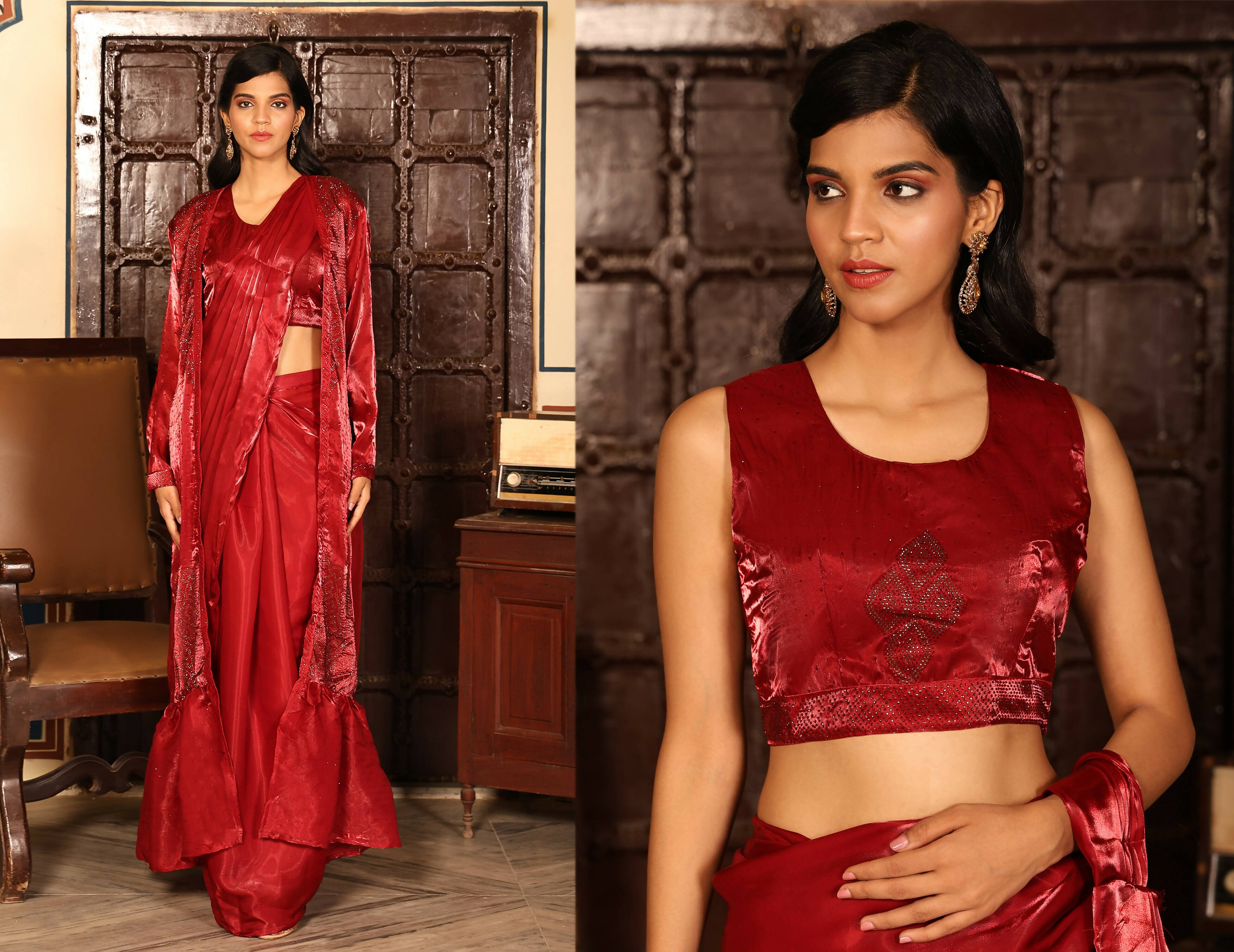 Red Tom Silk Plain Ready To Wear Saree With Stitched Blouse - Satiksha