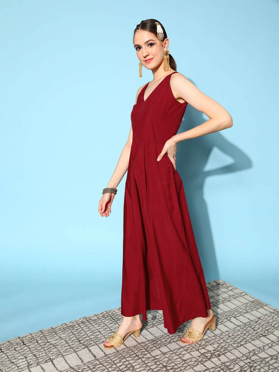 Ahalyaa Women Beautiful Maroon Crepe Brocade Ethnic Dress - Distacart