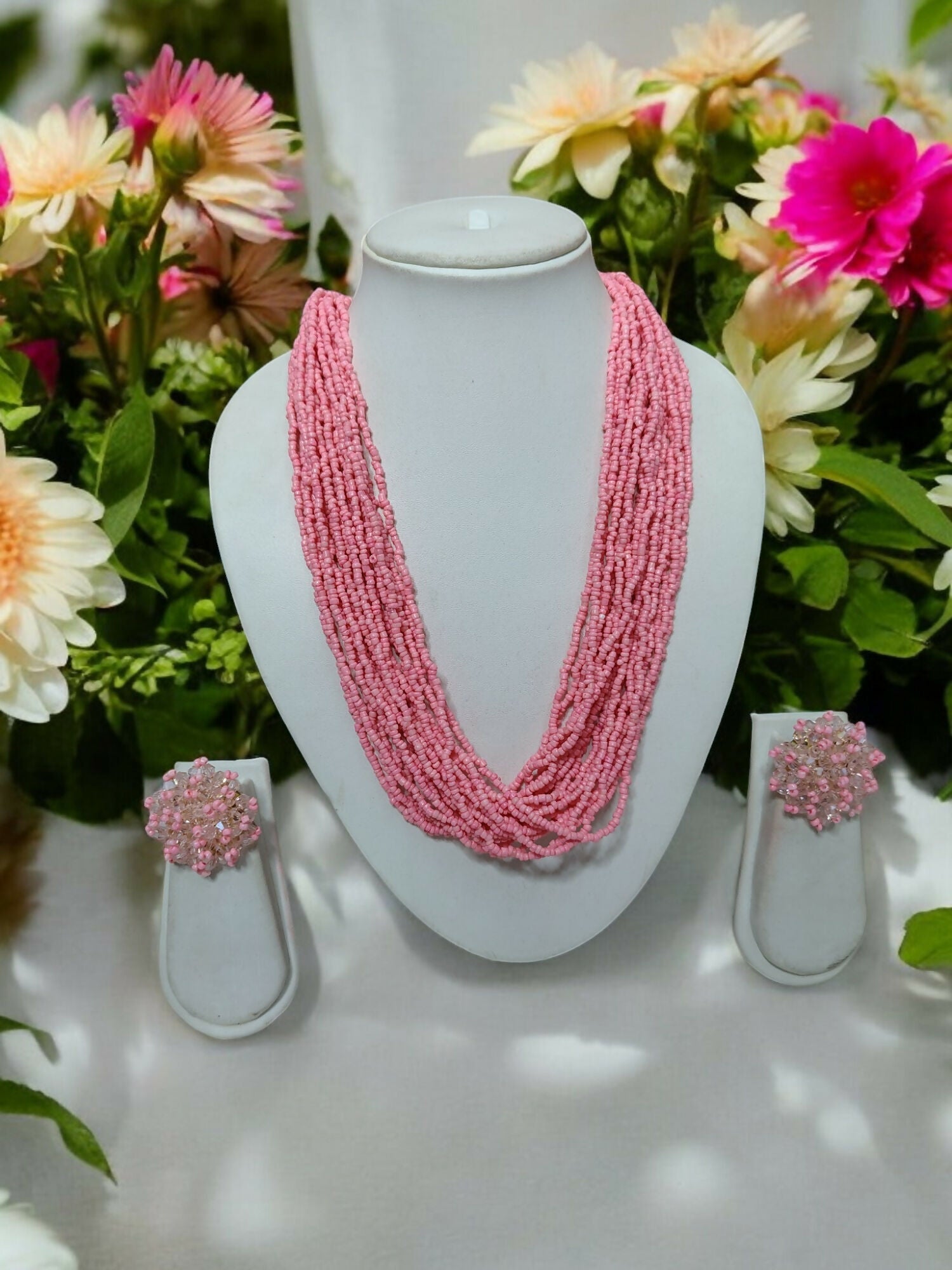 Inhanns Vibrant Handmade 20 Layers Beaded Necklace With Matching Earrings - Light Pink
