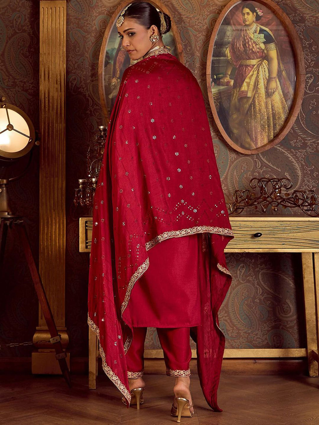 Indo Era Ethnic Floral Embroidered Zari Work Detail Regular Sleeves Round Neck Kurta Set - Distacart