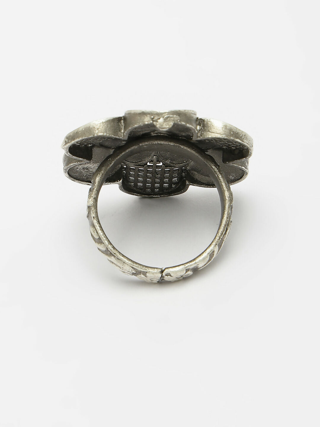 NVR Women's Silver-Toned Floral Shape Adjustable Finger Ring