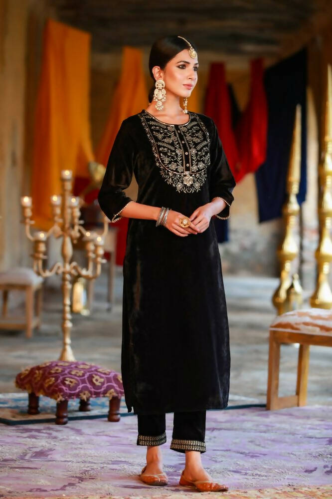 Juniper Women Black Velvet Embroidered Straight Kurta Sets - Distacart