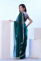 Teal Blue Satin Jimmy Choo Solid Designer & Lace Work Saree - Samaa