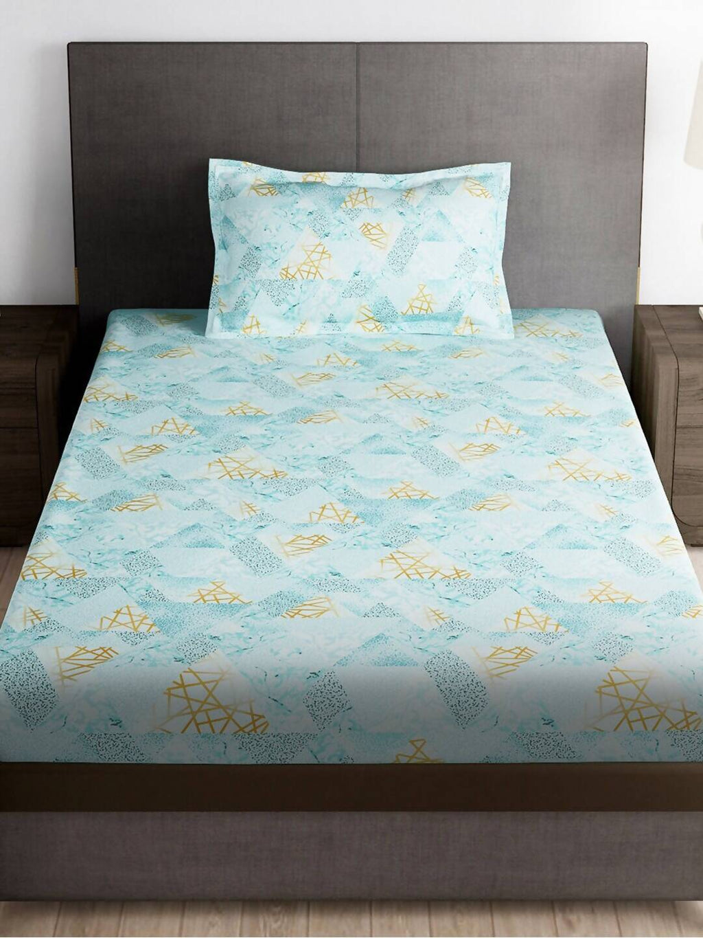 Story@home Arena Blue & Gold-Toned Printed 180 TC Bedsheet & Pillow Covers - Distacart