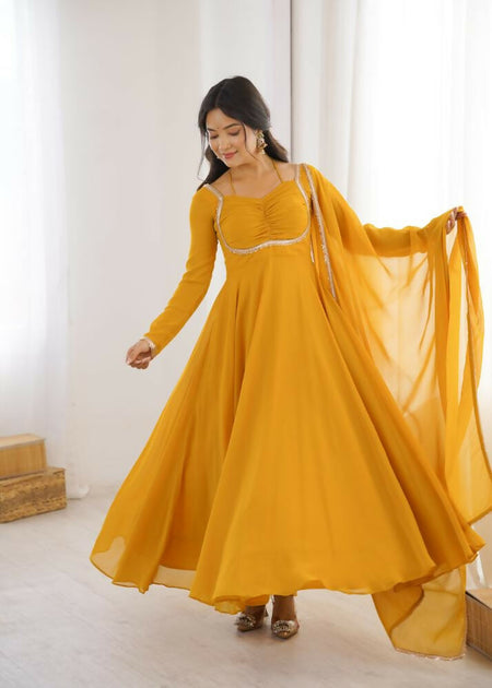 Lehenga Mart Designer Anarkali Suit With Kurta, Dupatta For Women-Yellow