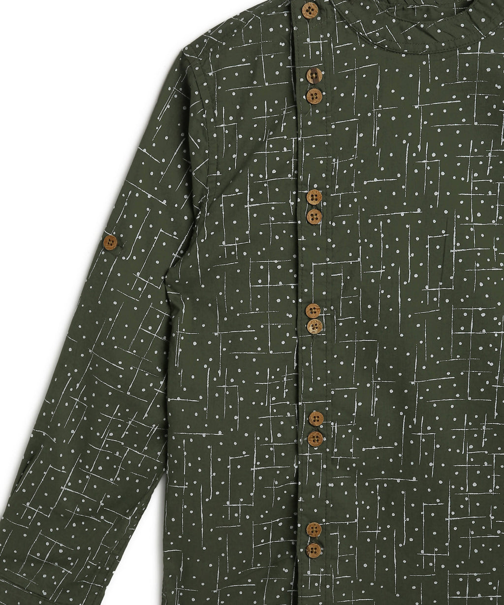 Manet Boys Full Sleeves Dot Printed Ethnic Shirt - Olive Green