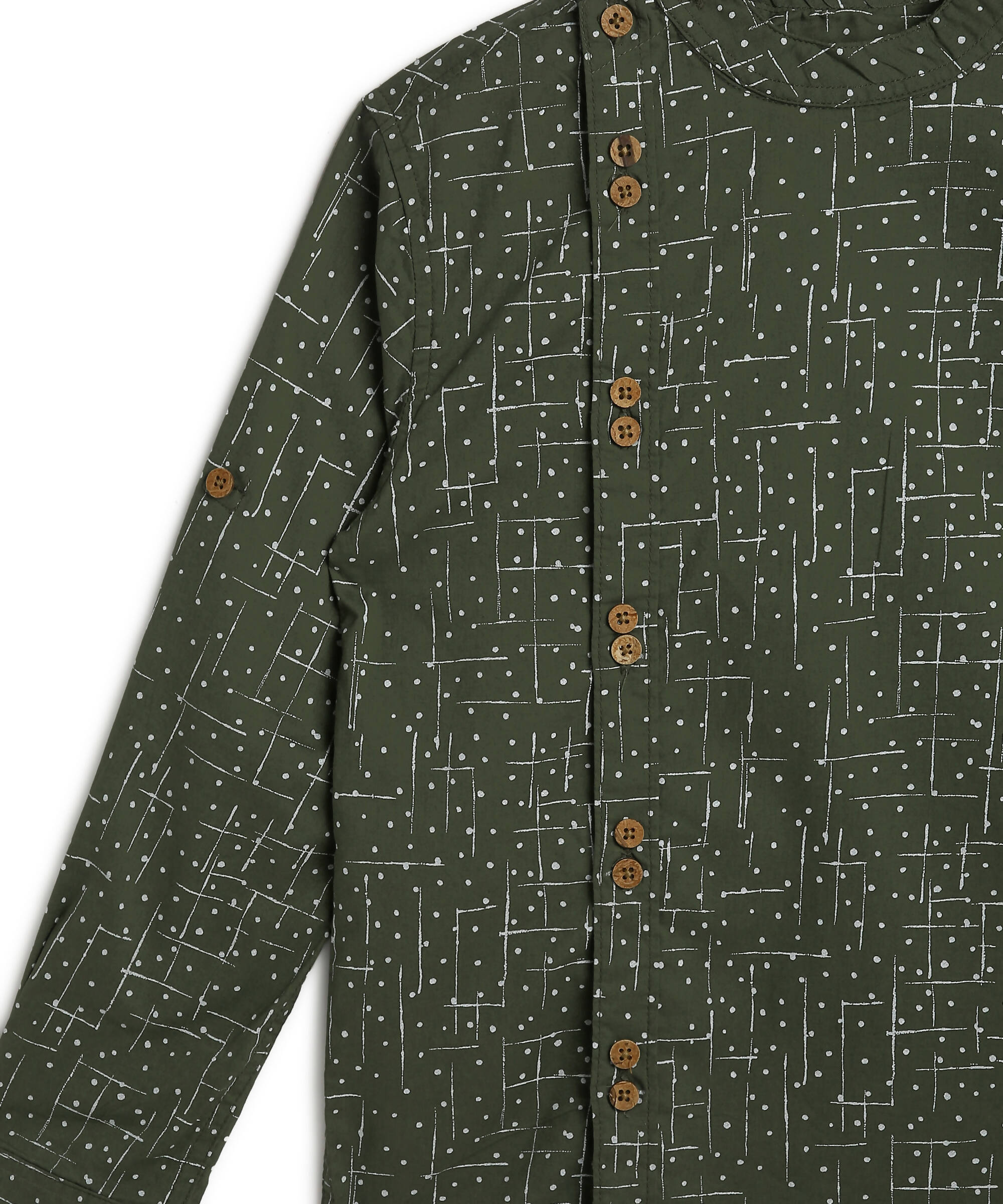 Manet Boys Full Sleeves Dot Printed Ethnic Shirt - Olive Green