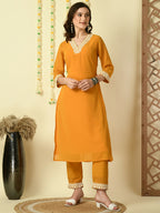 Myshka Women's Mustard Georgette Kurta With Trousers Party Sets