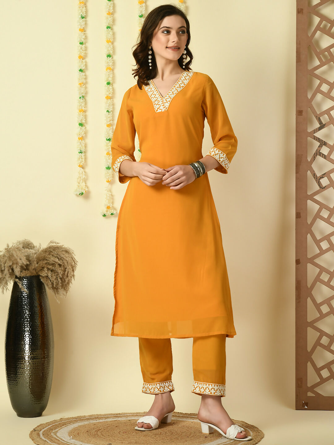 Myshka Women's Mustard Georgette Kurta With Trousers Party Sets