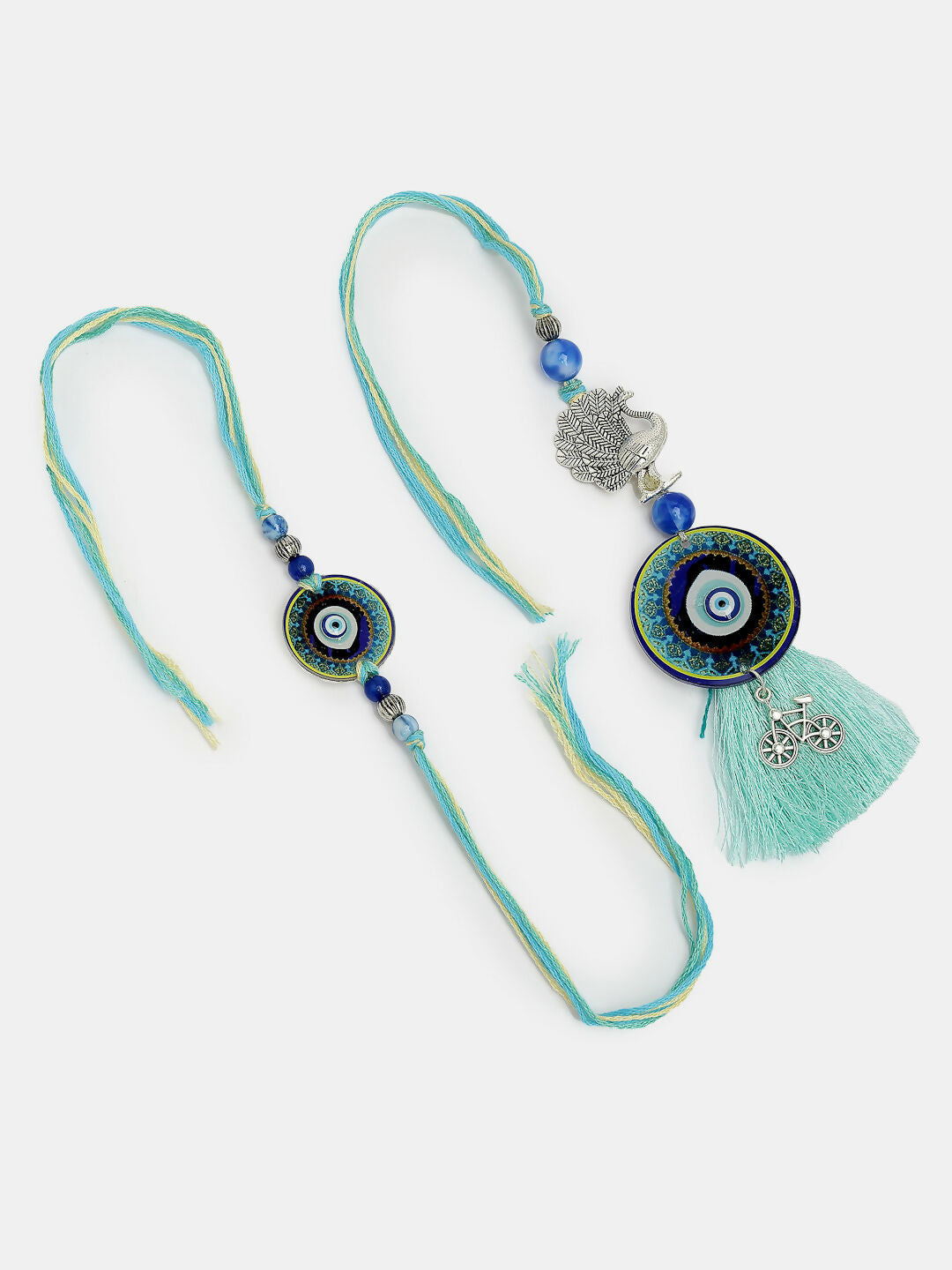 NVR Women & Men Set of 2 Blue Evil Eye & Beaded Bhaiya Bhabi Rakhi With Roli Chawal & Chocolate - Distacart