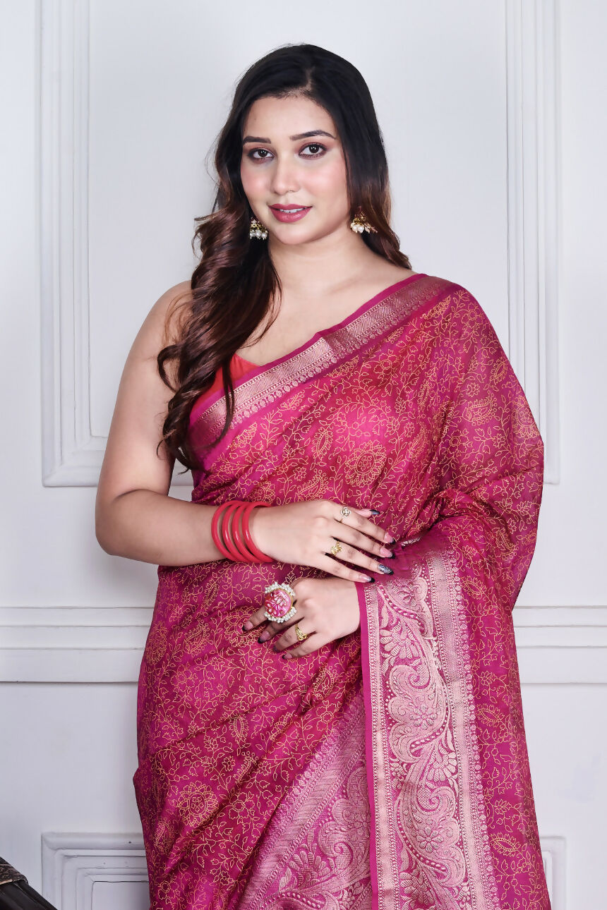 Morchari Pink Script Printed Orzanga Saree Unstitched Blouse - Distacart