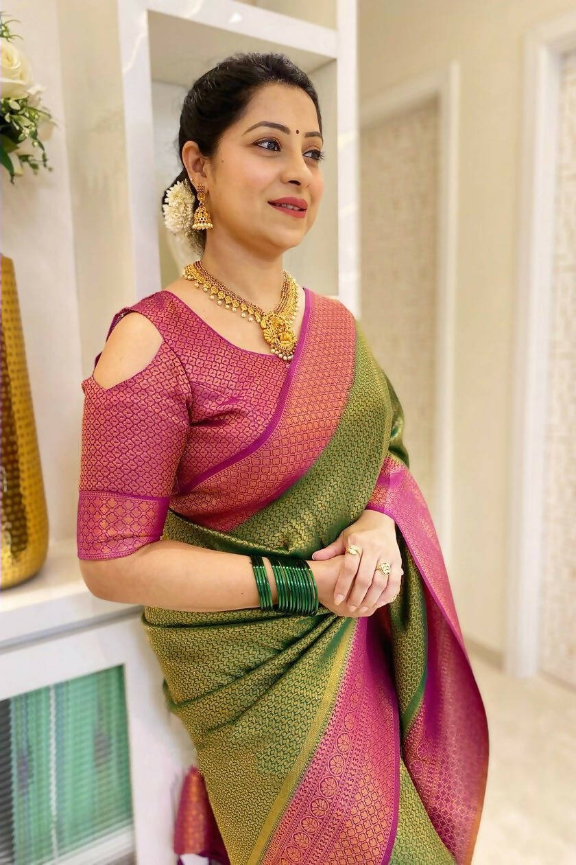 DEIANA'S Beautiful Designer Golden zari Soft Lichi Silk Saree - Mehndi
