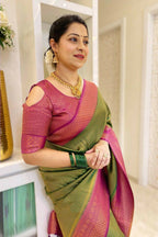 DEIANA'S Beautiful Designer Golden zari Soft Lichi Silk Saree - Mehndi