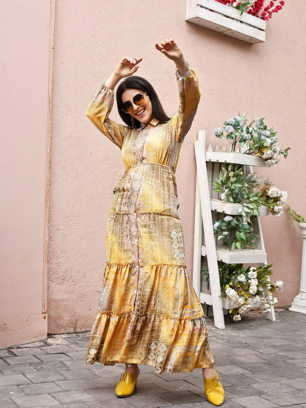 Mustard Crepe Foil Printed Long Dress - Michan - Distacart