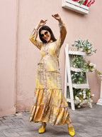Mustard Crepe Foil Printed Long Dress - Michan - Distacart
