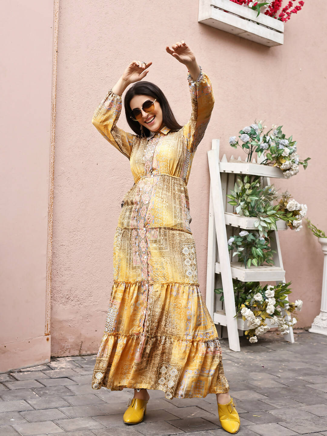 Mustard Crepe Foil Printed Long Dress - Michan - Distacart