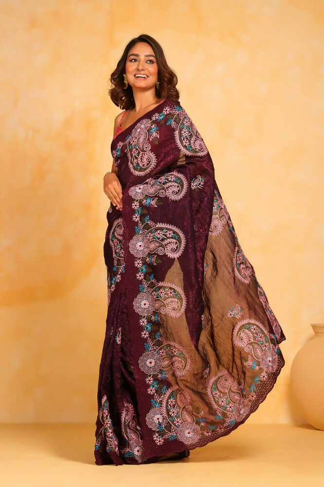 Vamsee Suhanisha Wine Korean Shimmer Silk Saree