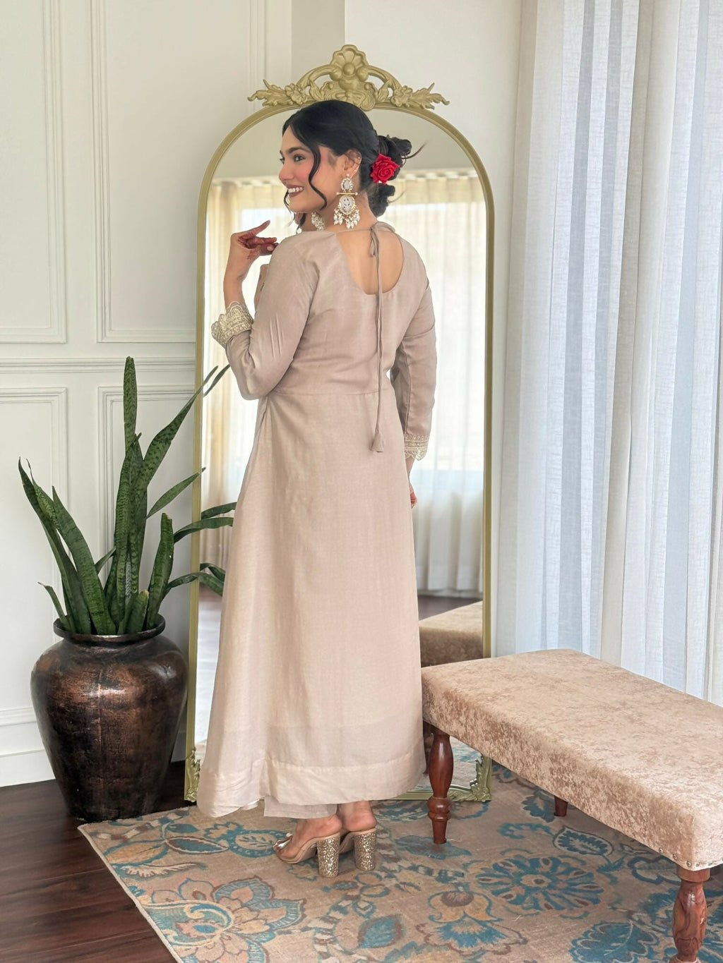 The52 CreamWomen's Gorgeous Vichitra Silk Fabric Embroidered Work Flared Anarkali Pant and Dupatta Set - Distacart