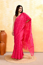 Piyari Fashion Women's Rani Pink Embellished Cotton Blend Jamdani Saree - Distacart